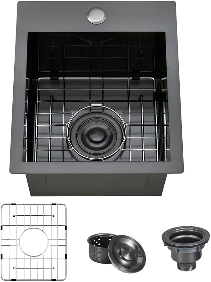 ARTLINE 15 x 20 Inch Black Drop in Bar Sink, Stainless Steel Single Bowl by ARTLINE