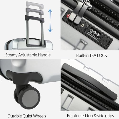 Hardside Expandable Carry On Luggage with Spinner Wheels & Built (Silver Grey)