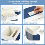 Large 22 Quart Linen Fabric Foldable Storage Bin Cube Organizer Basket with Flip (Navy Blue & White / Medium - 4 Pack)