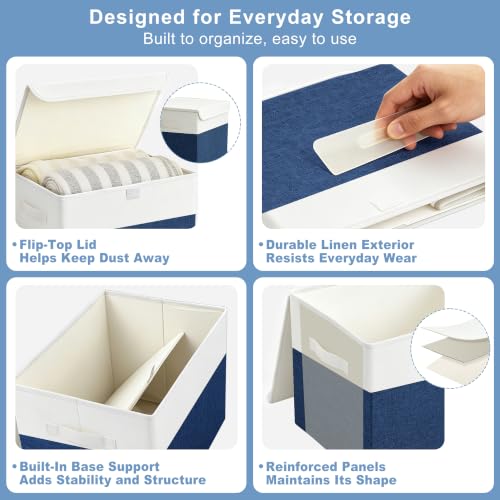 Large 22 Quart Linen Fabric Foldable Storage Bin Cube Organizer Basket with Flip (Navy Blue & White / Medium - 4 Pack)