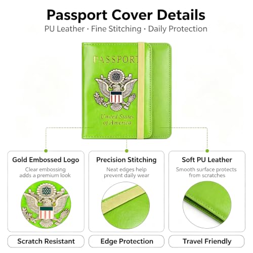 Premium Passport Holder for Travel RFID Blocking Passport Cover Slim (Green / Classic Metal Stamp)