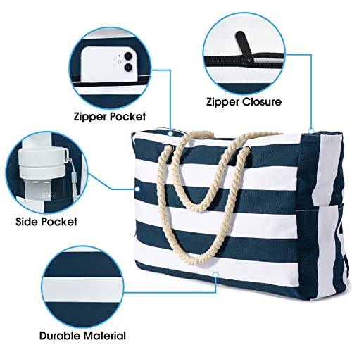Beach Bags for Women Large Waterproof Beach Tote Bag Zipper Beach Bags Waterproof Sandproof Swim Pool Bag Large Tote (Dark Blue)