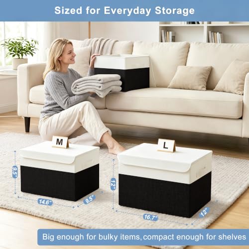 Large 17" 42 Quarts Collapsible Stackable Storage Bins with Lids [3 (Black & White / Large - 3 Pack)