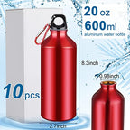 10 Pcs Aluminum Water Bottle 20 oz Reusable Bottles Lightweight Leak Proof Aluminum Sports Travel Bottles with Twist Cap Buckle for Gym (Red)