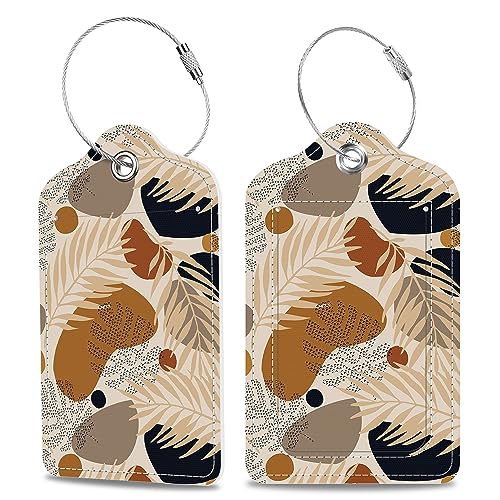 Boho Tropical Leaves Luggage Tags 2PCS PU Leather Suitcases Tag with Stainless Steel Loop and Privacy Name Address Cover Label Card for Women Men Travel (Boho Tropical Leaves)