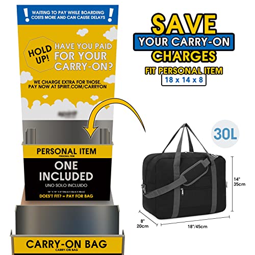 For Spirit Airlines Personal Item Bag 18x14x8 Foldable Travel Duffel Bag Packable Duffle for Traveling Carry on Luggage for Women and Men 30L (Black / 30L)