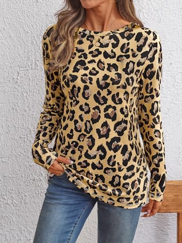 Long Sleeve Shirts for Women Casual Crewneck Tops Basic Tees (Small / Leopard2)