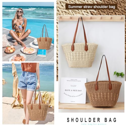 Straw Bag for Women Straw Woven Beach Tote Bag Casual Hobo Shoulder Bag Handbags Summer Handmade Beach Purse (F Khaki)