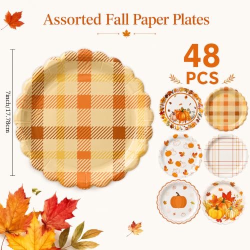 48PCS Fall Paper Plates 7 Inch Round Fall Disposable Dessert Plates (Fall)