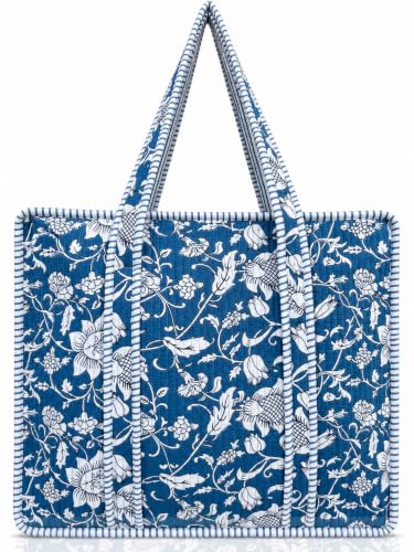 100% Cotton Quilted Tote Bag For Women (Summerday Blue Floral Print)