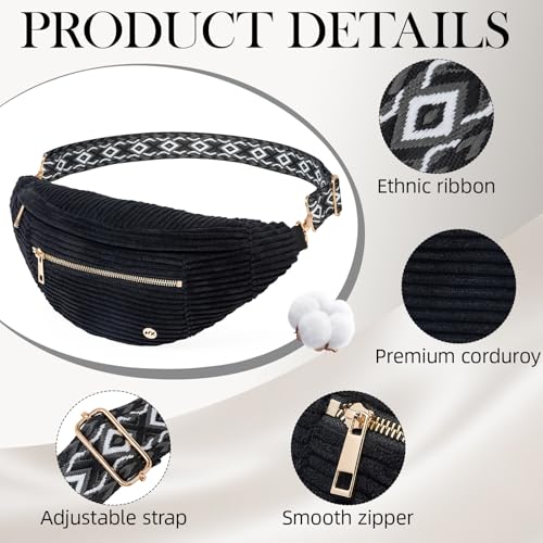 Black Crossbody Bag Corduroy Fanny Pack Vintage Sling Bag with Gold Zipper (Corduroy Black / Large)
