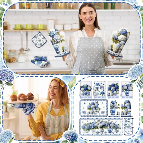 10 Pcs Chinoiserie Blue White Hydrangea Kitchen Decor Set (Blue, White / Hydrangea)