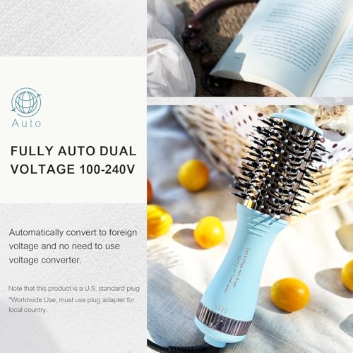Travel Dual Voltage Hair Dryer Brush and Styler (50mm Oval / Sky Blue&rose Gold)