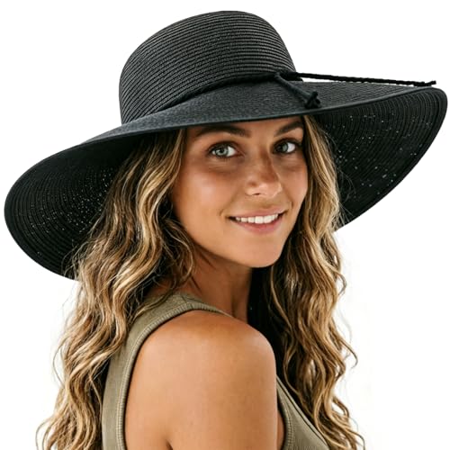 Women Twine Wide Brim Straw Hats Big Floppy Summer Hat Foldable Roll up Cap Beach Sun Hat UPF 50+ (Black)