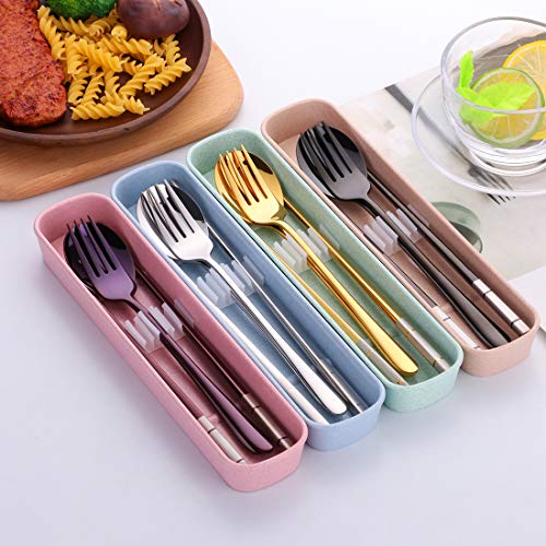 3 PCS Stainless Steel Travel Camping Flatware Set Fork Spoon Chopsticks with Portable Case (Gold)