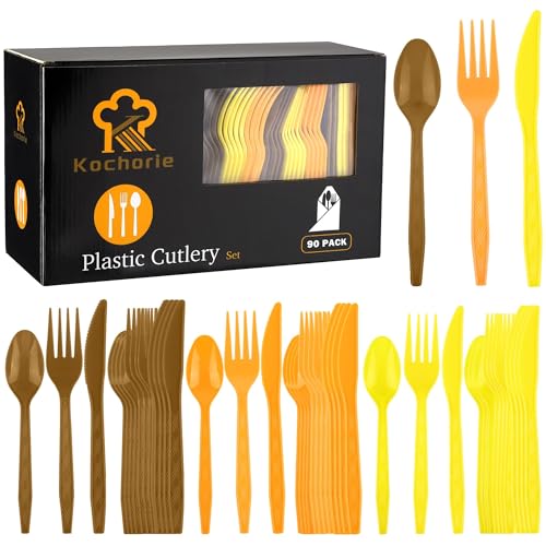 90 Pcs Fall Thanksgiving Plastic Cutlery Set (Orange, Yellow, Brown)