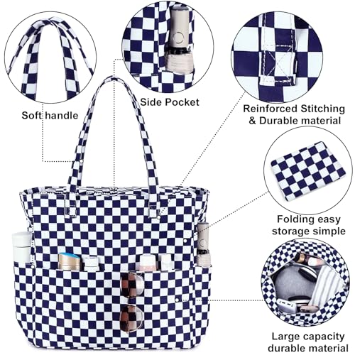 Waterproof Beach Tote Pool Bags for Women Ladies Extra Large Carry On Bag With Wet Compartment for Weekender Travel (Dark Blue White Checkered)
