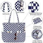 Waterproof Beach Tote Pool Bags for Women Ladies Extra Large Carry On Bag With Wet Compartment for Weekender Travel (Dark Blue White Checkered)