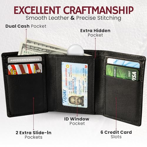 Best Leather Men's RFID Trifold Wallet With ID Great Outdoor Wallet Durable Top Grain Leather Forest Brown (Mountain Black - Pebble Stone Black)