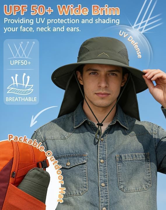 UPF 50+ Wide Brim Sun Hat with Neck Flap (1pack-army Green)