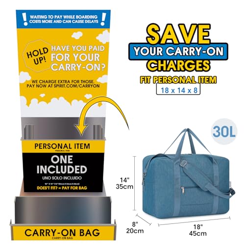 For Spirit Airlines Foldable Travel Duffel Bag Personal Item Bag 18x14x8 Carry on Luggage for Women and Men 30L (Y-Navy Blue / 30L)