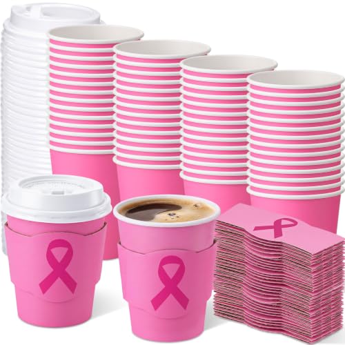 48 Sets 8 oz Breast Cancer Coffee Cups with Lids and Sleeves (Breast Cancer)