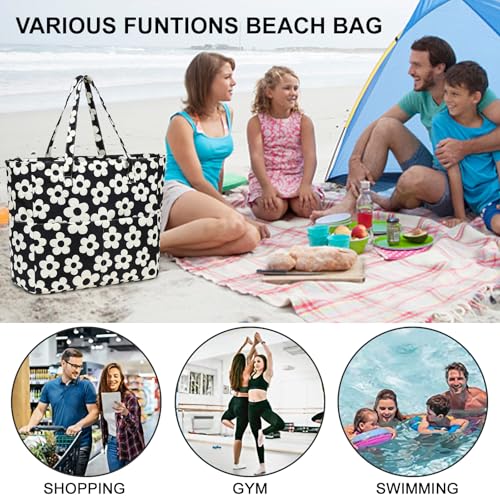 Waterproof Beach Tote Pool Bags for Women Ladies Extra Large Gym Tote Carry On Bag With Wet Compartment for Weekender Travel (Beige Flower With Black Background)