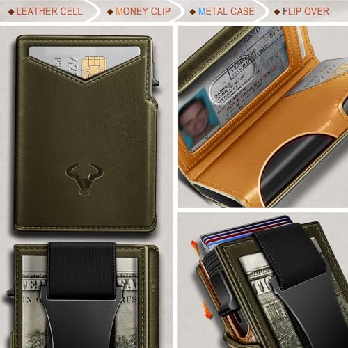 Men Slim Leather Wallet Metal Case Money Clip (Olive3853)