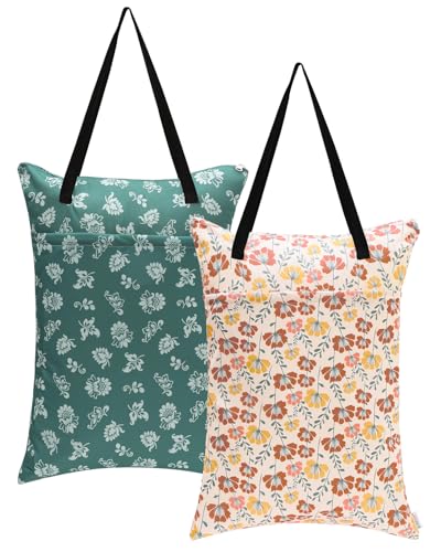ALVABABY 2 Pack Large Wet Dry Bag Waterproof Hanging Cloth Diaper with Double Zippered Pockets 25x18 inches 2HL03 (Small Colorful Flowers and White Prints)