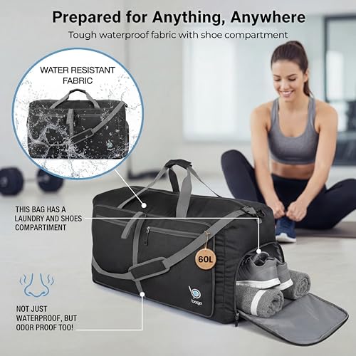 Large Duffle Bag for Travel Women & Men. Durable Lightweight Foldable Travel Duffel Bags For Traveling Women. 60L Duffle Bags For Overnight Bag With Shoe Compartment Collapsible Weekender duffel (60L / Black)