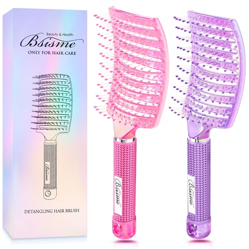Hair Brush Set Curved Vented Brush Women Kids Curly Thick Fine Wet Dry Hair (Purple+ Vibrant pink)