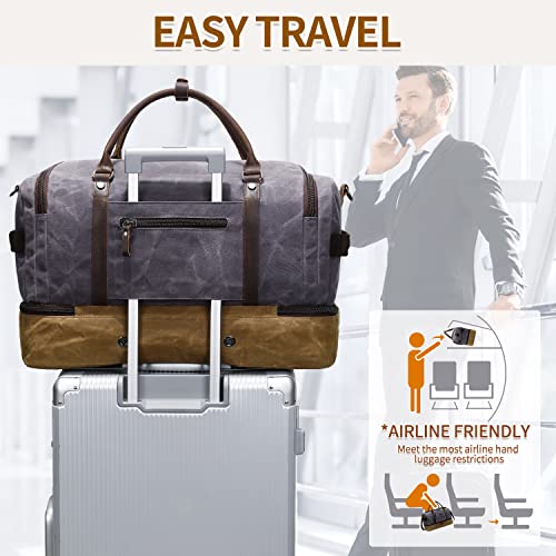 Nerlion Weekender Bag with Shoe Compartment Large Overnight Bag for Men Canvas Genuine Leather Carry on Luggage Bag Travel Duffel Bag (Gray)