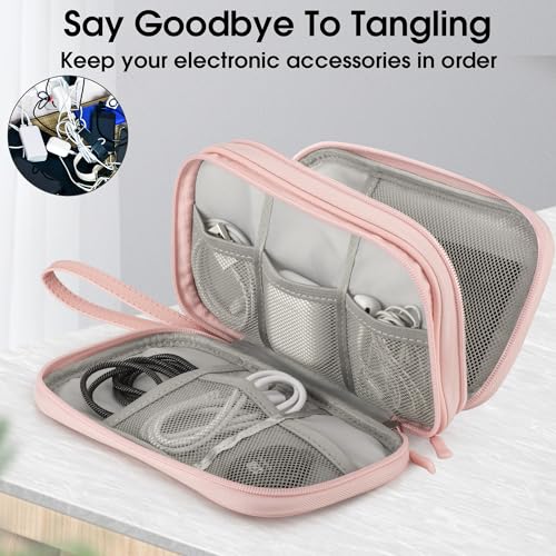 PU Leather Cable Organizer Double Layer Travel Pouch (Pink / M)