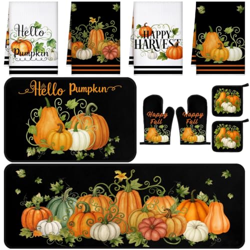 10 Pcs Fall Pumpkin Kitchen Decor Set Black Kitchen Rugs Set (Green, Black / Fresh)