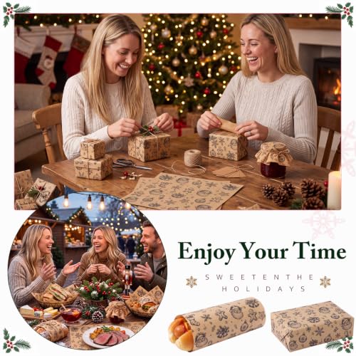 100 Pcs Christmas Wax Paper Sheets for Food Wrapping (Khaki / Christmas Lovely)