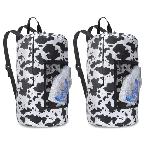 Laundry Backpack Portable Travel Laundry Bags with Straps and Mesh Pocket (Cow Print / 2 Pack)