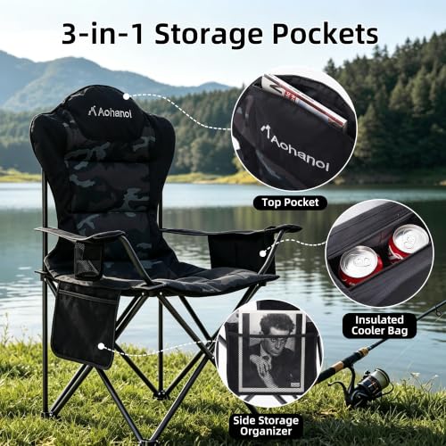Heavy Duty Camping Chairs for Adults with Cup Holder & Cooler Bag (Camo | 400lbs)