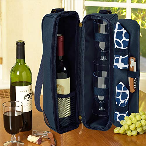 Insulated Wine Tote with 2 Wine Glasses (Trellis Blue)