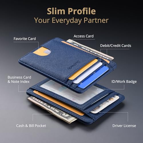 Slim Minimalist Front Pocket RFID Blocking Leather Wallets for Men and Women (Small / Cross Blue)
