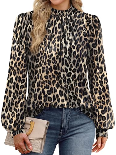 Long Sleeve Shirts for Women Business Casual Fall Outfits for Women 2026 Mock Neck Womens Early Fall Tops 2026 Fashion Clothing Work Blouses Fall Clothes Plus Size Clothes Leopard Print XL (02 - Leopard Print / X-Large)