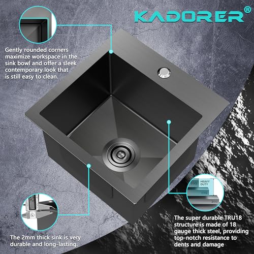 15 x 15 x 9 Inch Black Drop In Kitchen Bar Sink (Black / 15''X15''X9'' Bottom Grid)