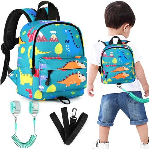 Toddler Backpack Leash with Anti Lost Wrist Link (Turquoise/Dino, Green Link)
