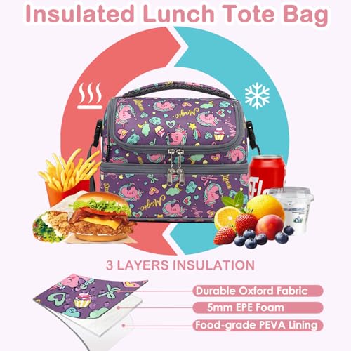 Double Decker Cooler Insulated Lunch Bag Large Tote for Boys (Purple-Unicorn)