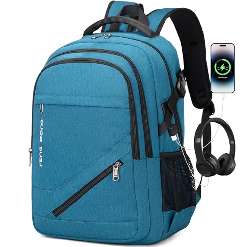 17.3 inch Large Laptop Backpack Durable Waterproof Travel College Backpack Bookbag for Men & Women Business Backpack with USB Charging Port and Headset Port Light Teal (A3-teal)