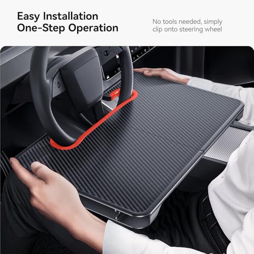 2-in-1 Car Steering Wheel Desk Tray & Car Seat Gap Filler Organizer – Foldable Carbon Fiber Look Table for Laptop, Eating, Writing – for Standard Round Steering Wheels (Orange)