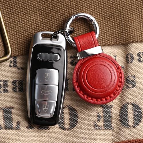 Genuine Leather Keychain Holder Compatible with AirTag ([2 Pack] Dark Red)