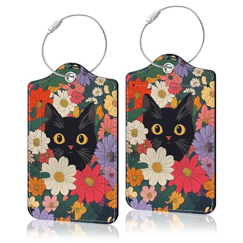 2 Pcs Luggage Tags for Suitcases Black Cat PU Leather Luggage Tag with Privacy Cover Label Address Card and Durable Metal Ring Suitable for Men Women Handbags Backpacks (Black Cat 4)