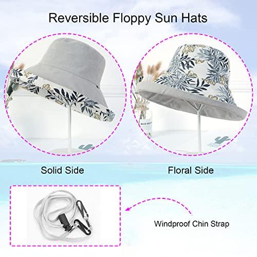 Women Floral Reversible Wide Brim Sun Hats Summer UV Protection Hiking Fishing Hat Wired Edge Beach Garden Lawn Work Cap Chin Strap (Medium / Qf002-gray)
