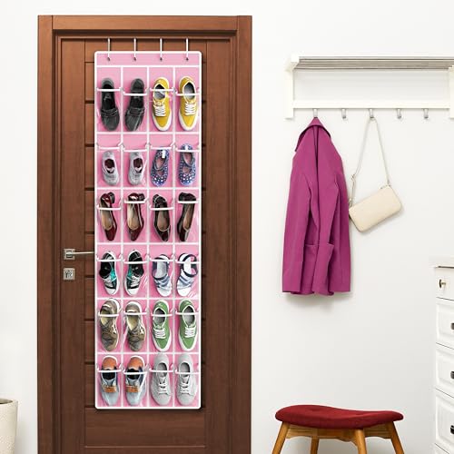 24 Pockets Clear Over the Door Shoe Organizer (Large Pockets / Pink)