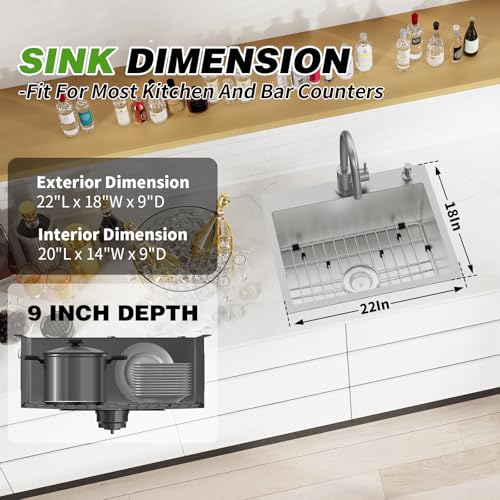 22x18 Inch Drop In Kitchen And Bar Sink (22x18 inch Stainless)